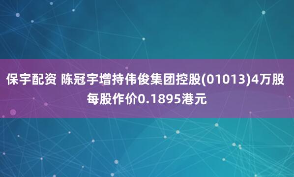 保宇配资 陈冠宇增持伟俊集团控股(01013)4万股 每股作价0.1895港元